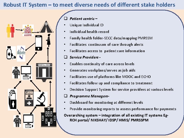 Robust IT System – to meet diverse needs of different stake holders q Patient