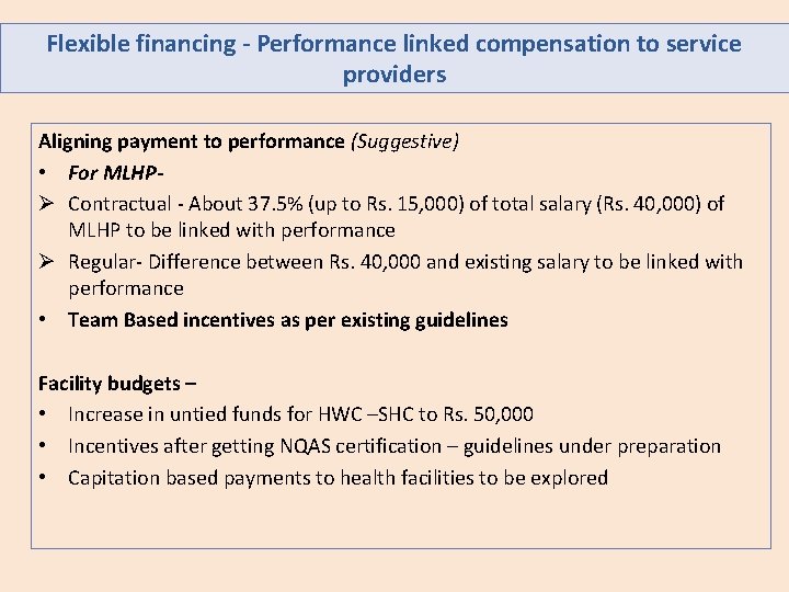 Flexible financing - Performance linked compensation to service providers Aligning payment to performance (Suggestive)