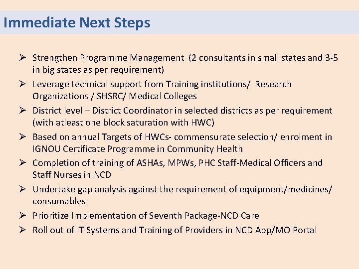 Immediate Next Steps Ø Strengthen Programme Management (2 consultants in small states and 3
