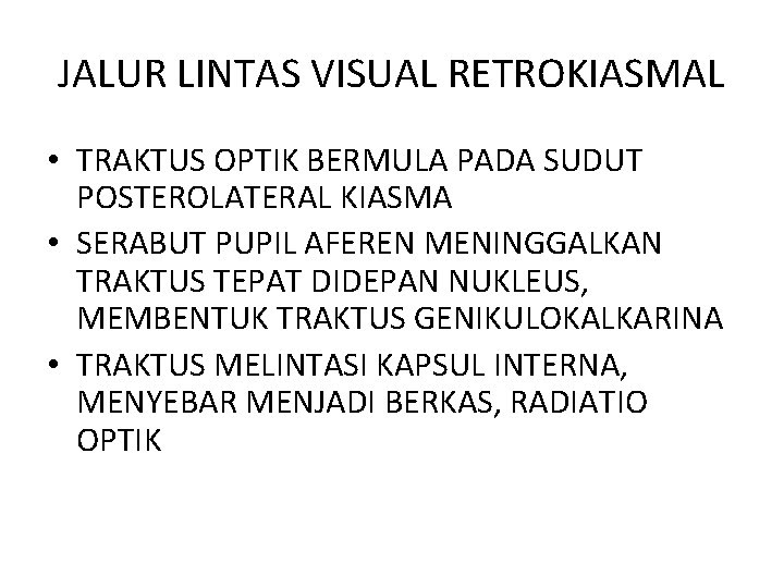 JALUR LINTAS VISUAL RETROKIASMAL • TRAKTUS OPTIK BERMULA PADA SUDUT POSTEROLATERAL KIASMA • SERABUT