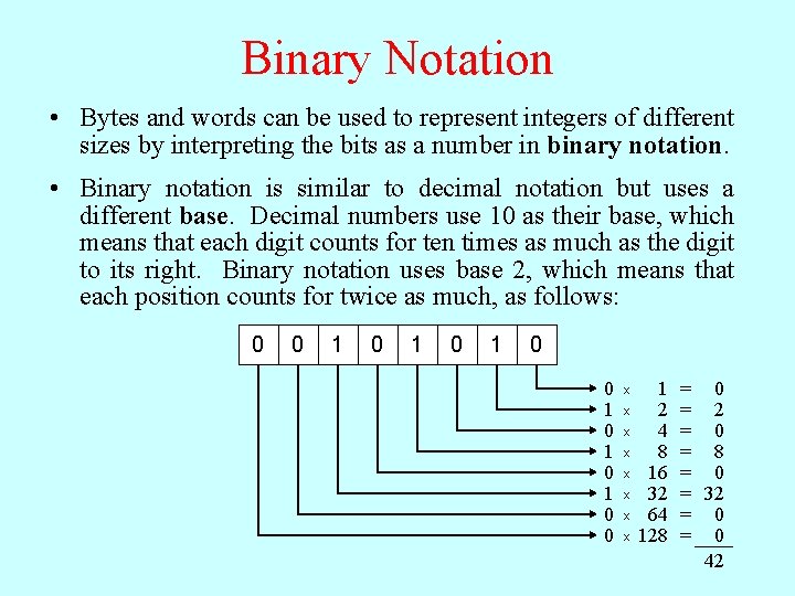 Binary Notation • Bytes and words can be used to represent integers of different