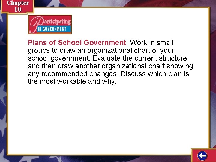 Plans of School Government Work in small groups to draw an organizational chart of