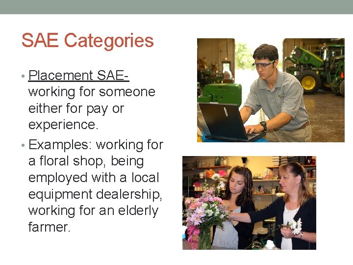 SAE Categories • Placement SAE- working for someone either for pay or experience. •