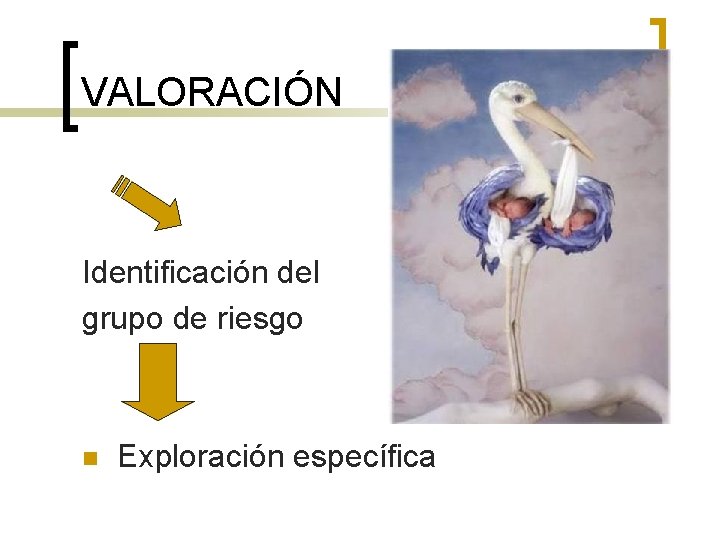 VALORACIÓN Identificación del grupo de riesgo n Exploración específica 