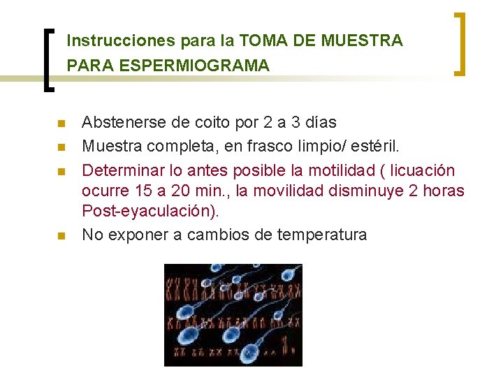 Instrucciones para la TOMA DE MUESTRA PARA ESPERMIOGRAMA n n Abstenerse de coito por