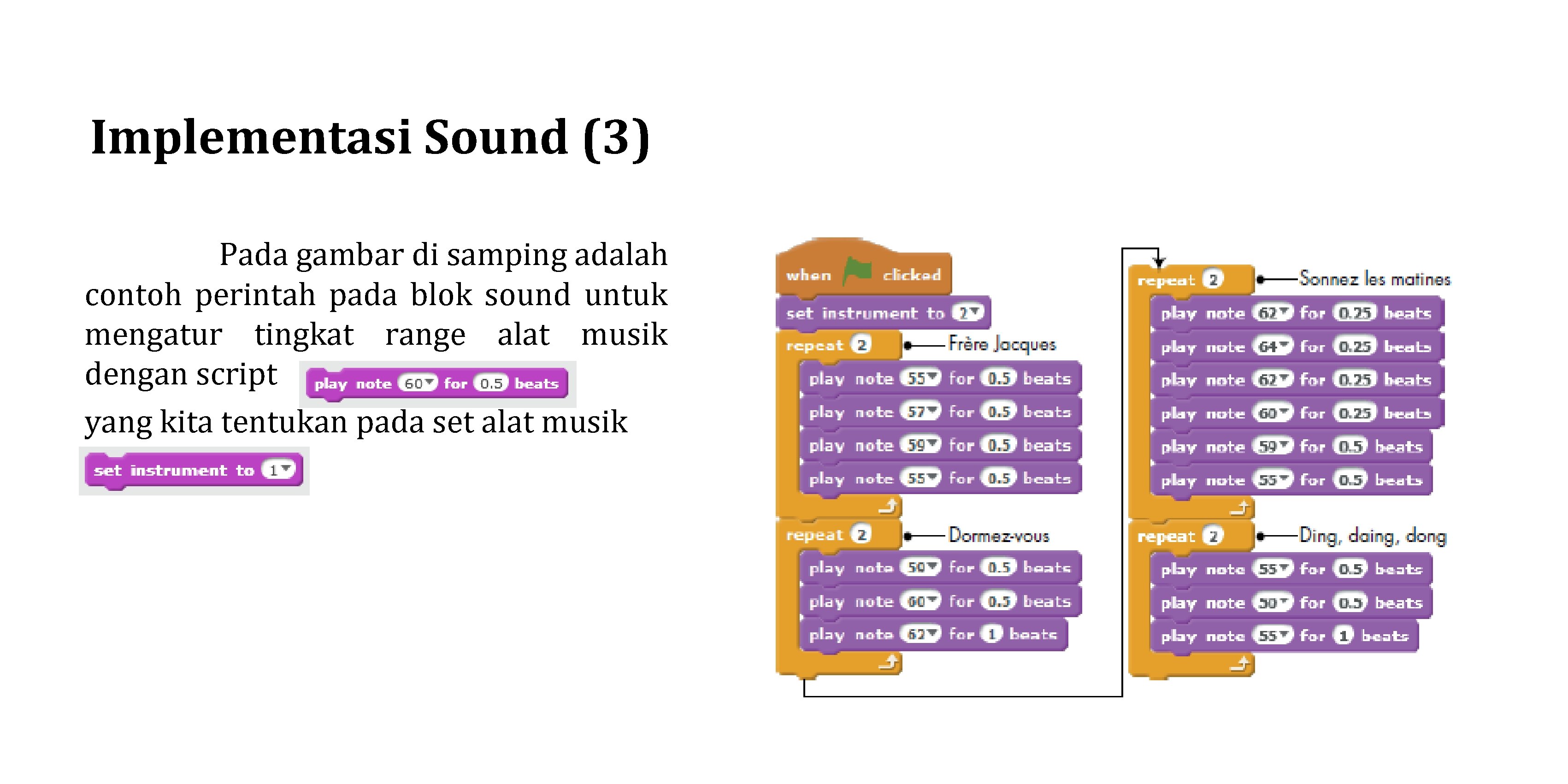 Implementasi Sound (3) Pada gambar di samping adalah contoh perintah pada blok sound untuk Implementasi Sound (3) Pada gambar di samping adalah contoh perintah pada blok sound untuk