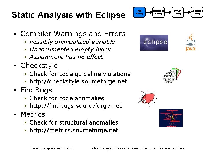 Static Analysis with Eclipse Unit Testing Integration Testing System Testing • Compiler Warnings and