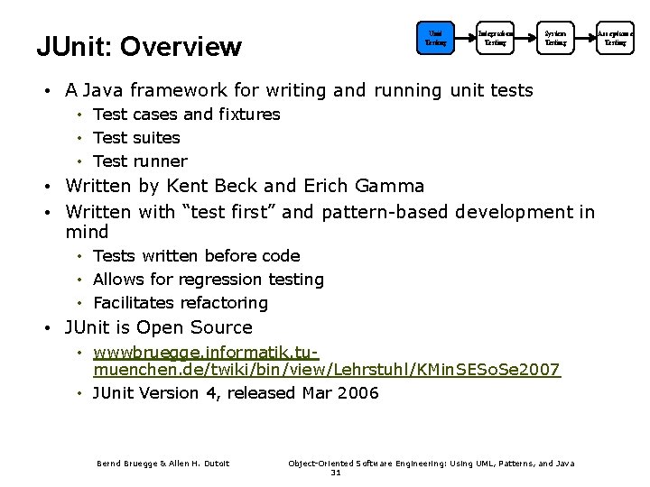 Unit Testing JUnit: Overview Integration Testing System Testing • A Java framework for writing