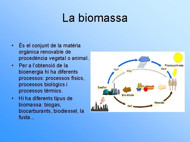La biomassa • És el conjunt de la matèria orgànica renovable de procedència vegetal