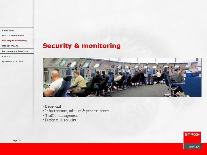 About Barco Media & entertainment Security & Monitoring Medical imaging Security & monitoring Presentation