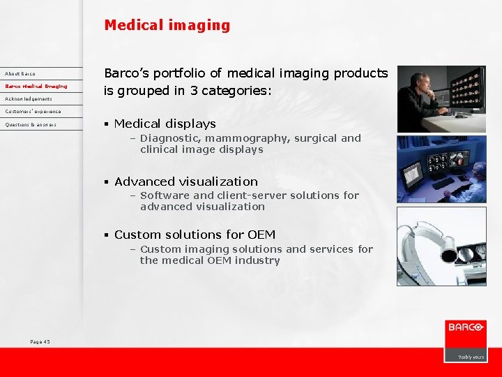 Medical imaging About Barco Medical Imaging Acknowledgements Barco’s portfolio of medical imaging products is