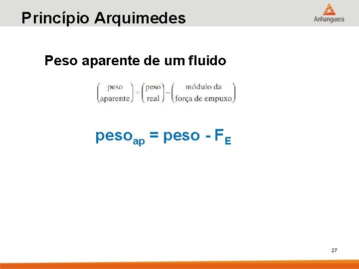 Princípio Arquimedes Peso aparente de um fluido pesoap = peso - FE 27 