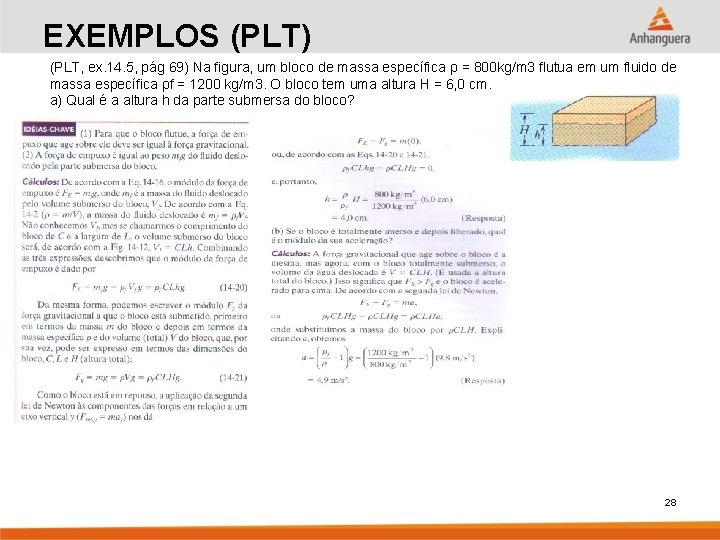 EXEMPLOS (PLT) (PLT, ex. 14. 5, pág 69) Na figura, um bloco de massa