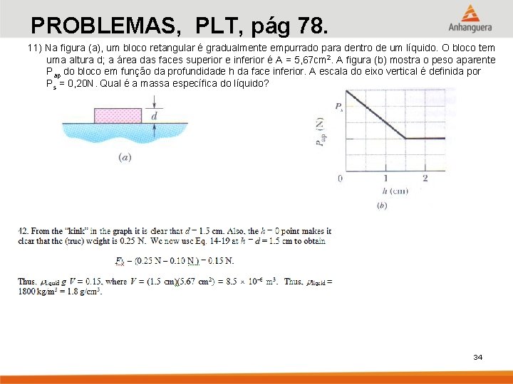 PROBLEMAS, PLT, pág 78. 11) Na figura (a), um bloco retangular é gradualmente empurrado