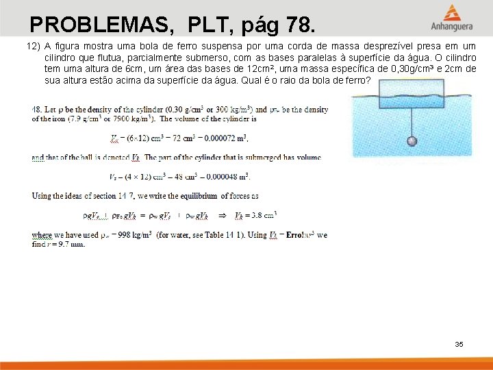 PROBLEMAS, PLT, pág 78. 12) A figura mostra uma bola de ferro suspensa por