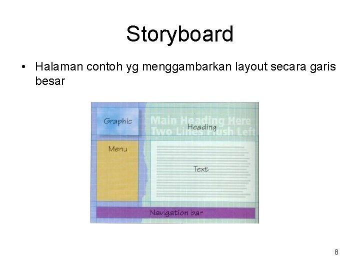 Storyboard • Halaman contoh yg menggambarkan layout secara garis besar 8 