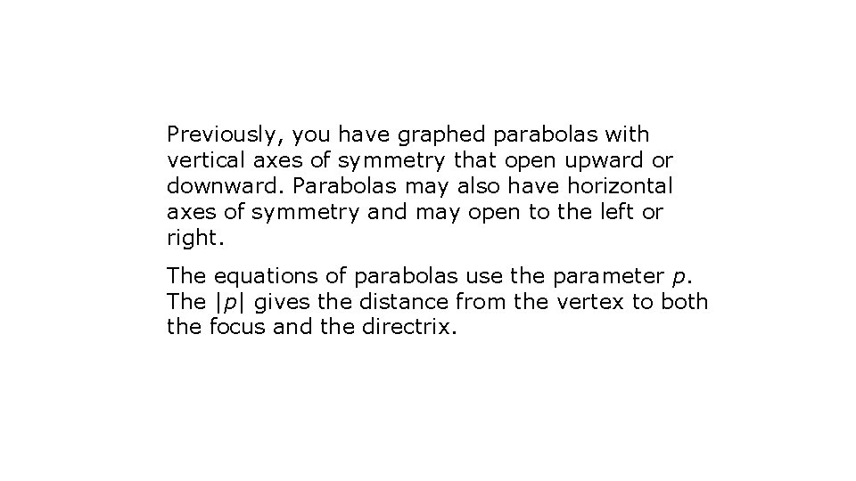 Previously, you have graphed parabolas with vertical axes of symmetry that open upward or