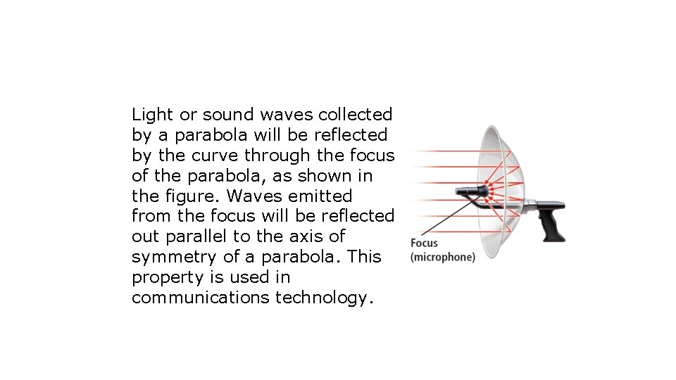 Light or sound waves collected by a parabola will be reflected by the curve