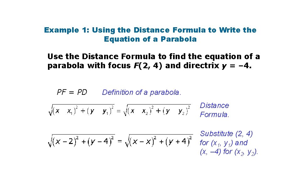 Example 1: Using the Distance Formula to Write the Equation of a Parabola Use