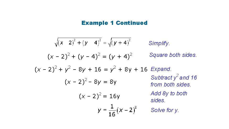 Example 1 Continued Simplify. (x – 2)2 + (y – 4)2 = (y +