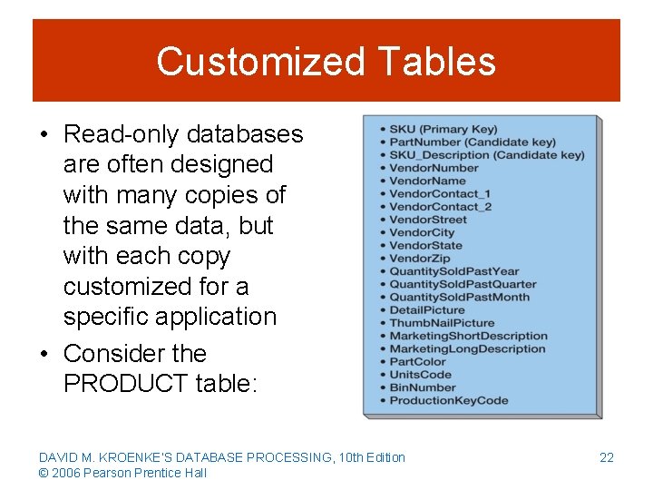 Customized Tables • Read-only databases are often designed with many copies of the same