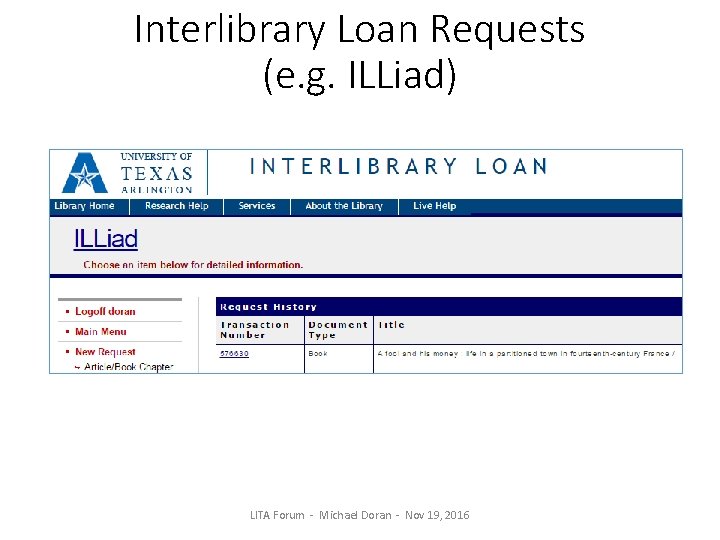 Interlibrary Loan Requests (e. g. ILLiad) LITA Forum - Michael Doran - Nov 19,
