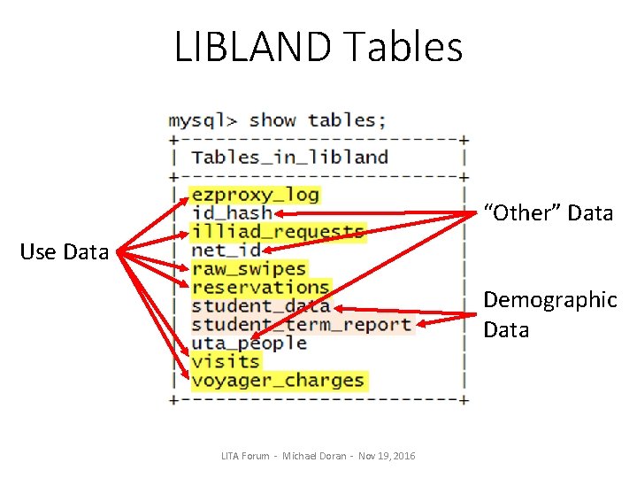 LIBLAND Tables “Other” Data Use Data Demographic Data LITA Forum - Michael Doran -