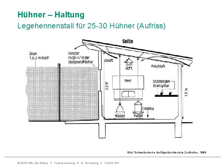 Hühner – Haltung Legehennenstall für 25 -30 Hühner (Aufriss) Bild: Schweizerische Geflügelzuchtschule Zollikofen, 1998