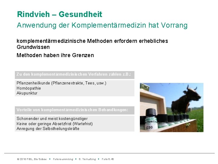 Rindvieh – Gesundheit Anwendung der Komplementärmedizin hat Vorrang komplementärmedizinische Methoden erfordern erhebliches Grundwissen Methoden