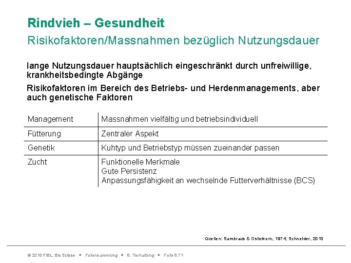 Rindvieh – Gesundheit Risikofaktoren/Massnahmen bezüglich Nutzungsdauer lange Nutzungsdauer hauptsächlich eingeschränkt durch unfreiwillige, krankheitsbedingte Abgänge