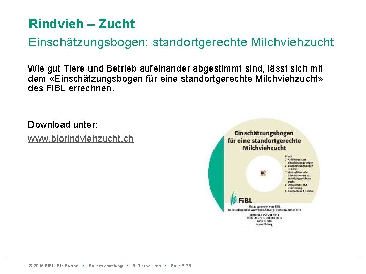 Rindvieh – Zucht Einschätzungsbogen: standortgerechte Milchviehzucht Wie gut Tiere und Betrieb aufeinander abgestimmt sind,