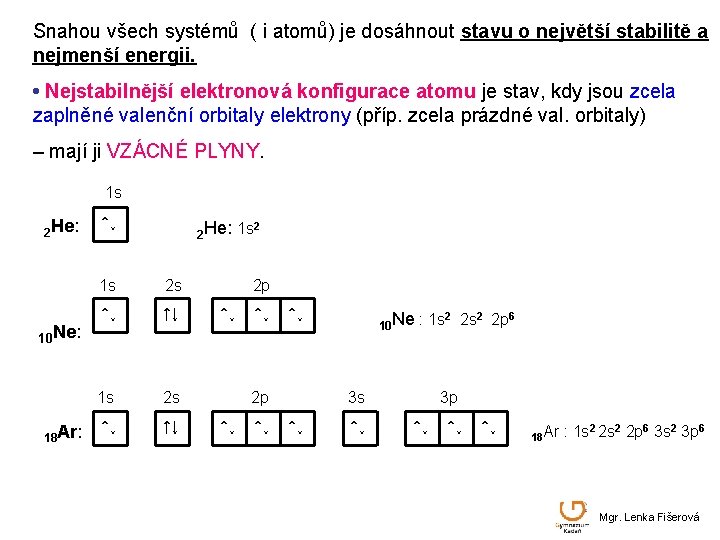 Snahou všech systémů ( i atomů) je dosáhnout stavu o největší stabilitě a nejmenší