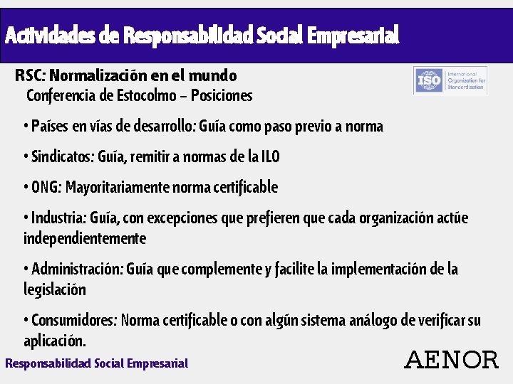 Actividades de Responsabilidad Social Empresarial RSC: Normalización en el mundo Conferencia de Estocolmo –