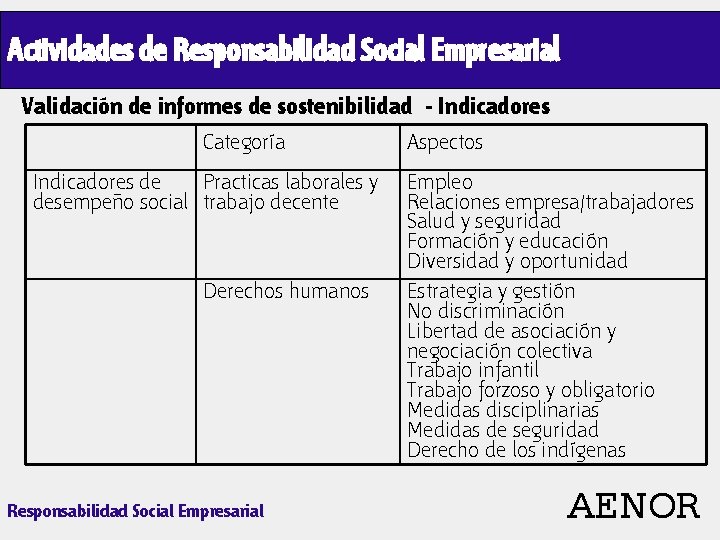 Actividades de Responsabilidad Social Empresarial Validación de informes de sostenibilidad - Indicadores Categoría Indicadores