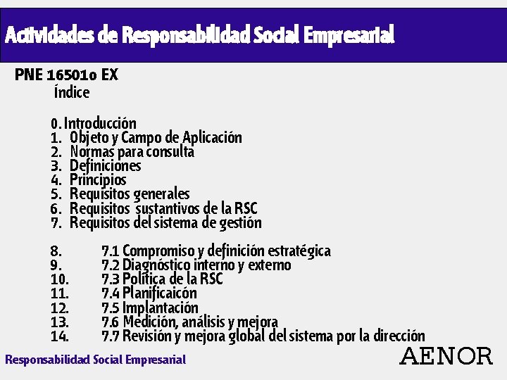 Actividades de Responsabilidad Social Empresarial PNE 16501 o EX Índice 0. Introducción 1. Objeto