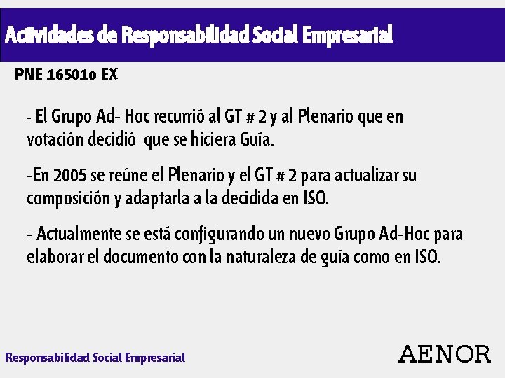 Actividades de Responsabilidad Social Empresarial PNE 16501 o EX - El Grupo Ad- Hoc