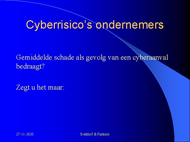 Cyberrisico’s ondernemers Gemiddelde schade als gevolg van een cyberaanval bedraagt? Zegt u het maar: