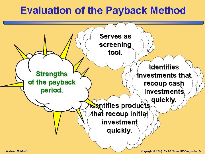 Evaluation of the Payback Method Serves as screening tool. Strengths of the payback period. Evaluation of the Payback Method Serves as screening tool. Strengths of the payback period.