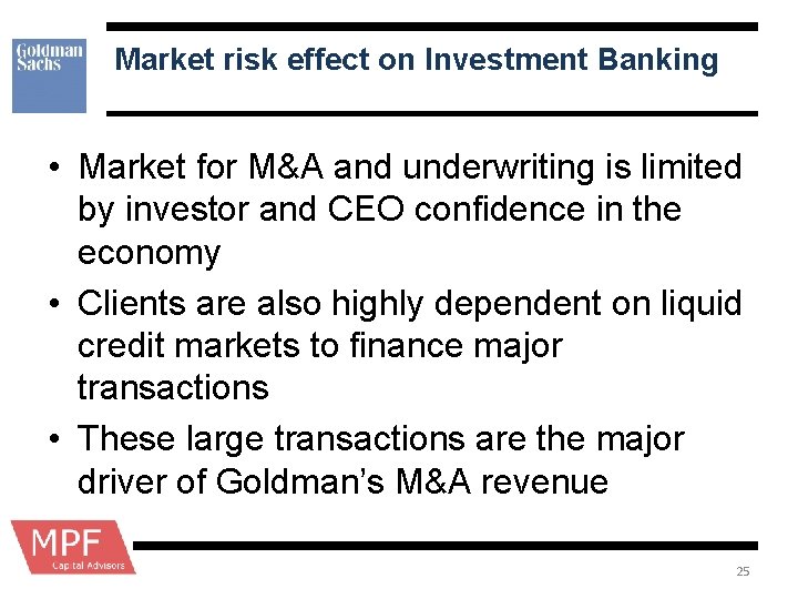 Market risk effect on Investment Banking • Market for M&A and underwriting is limited