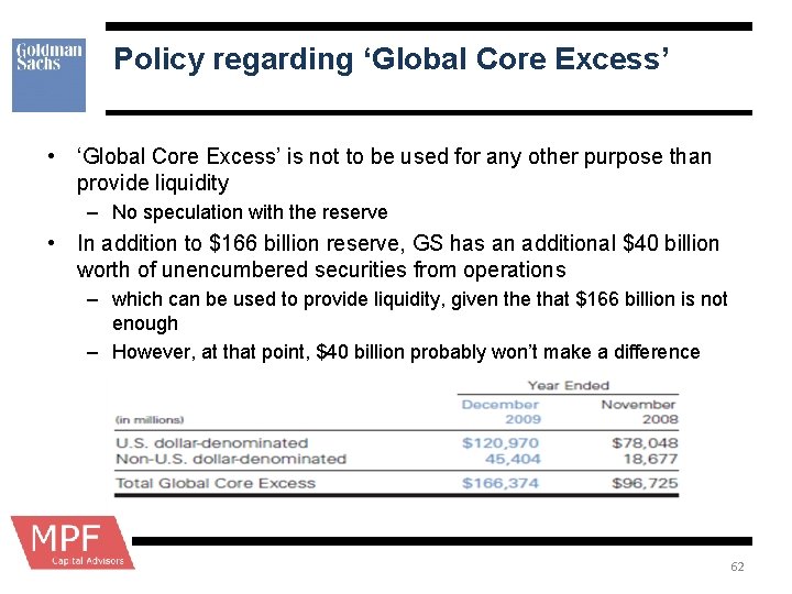 Policy regarding ‘Global Core Excess’ • ‘Global Core Excess’ is not to be used