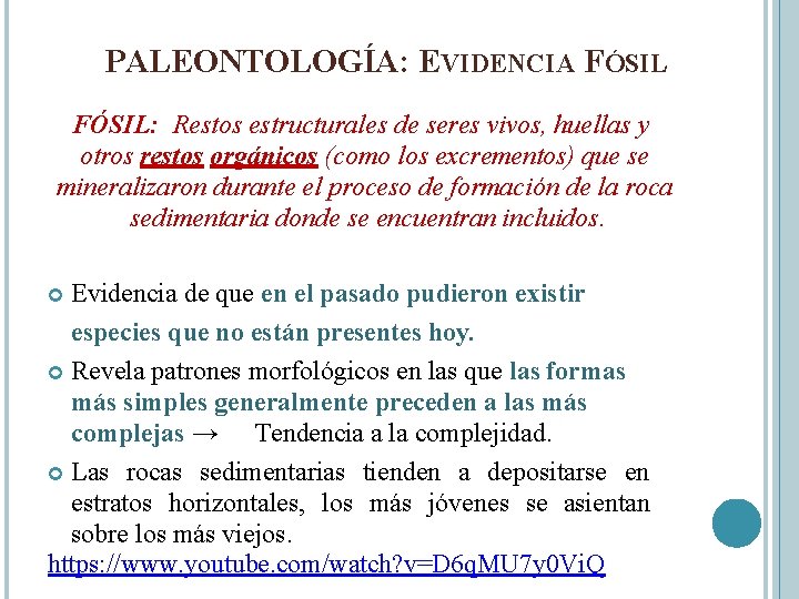 PALEONTOLOGÍA: EVIDENCIA FÓSIL: Restos estructurales de seres vivos, huellas y otros restos orgánicos (como
