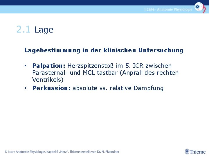 2. 1 Lagebestimmung in der klinischen Untersuchung • Palpation: Herzspitzenstoß im 5. ICR zwischen