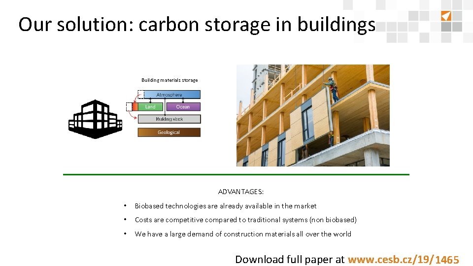 Our solution: carbon storage in buildings Building materials storage ADVANTAGES: • Biobased technologies are