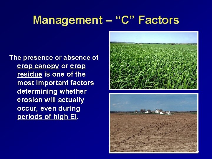 Management – “C” Factors The presence or absence of crop canopy or crop residue