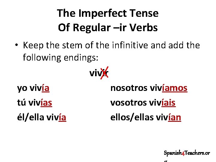 The Imperfect Tense Of Regular –ir Verbs • Keep the stem of the infinitive