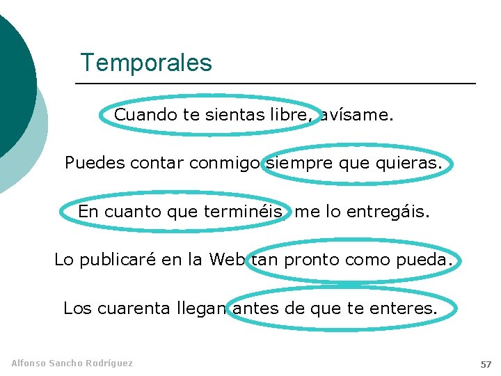 Temporales Cuando te sientas libre, avísame. Puedes contar conmigo siempre quieras. En cuanto que