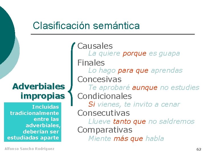 Clasificación semántica Causales La quiere porque es guapa Finales Lo hago para que aprendas