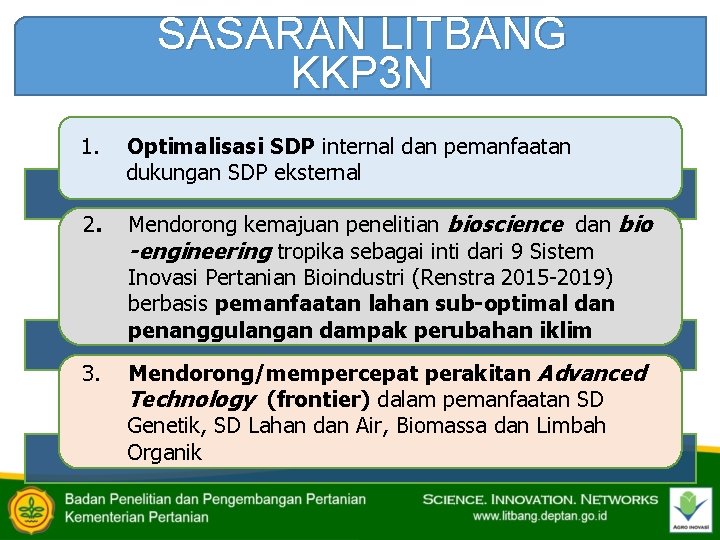 SASARAN LITBANG KKP 3 N 1. Optimalisasi SDP internal dan pemanfaatan dukungan SDP eksternal