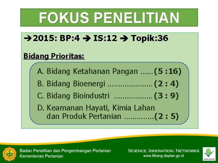 FOKUS PENELITIAN è 2015: BP: 4 IS: 12 Topik: 36 Bidang Prioritas: A. Bidang