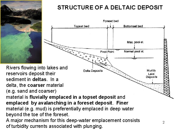 STRUCTURE OF A DELTAIC DEPOSIT Rivers flowing into lakes and reservoirs deposit their sediment